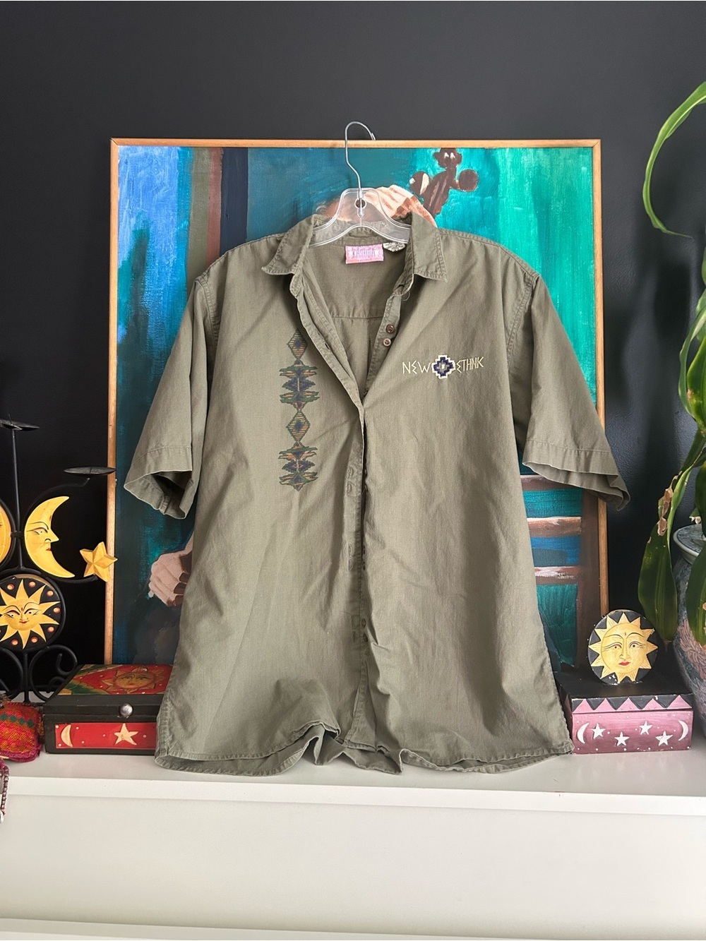 Vintage 90s Karuba Olive Green Embroidered Shirt Southwestern Men’s Large
